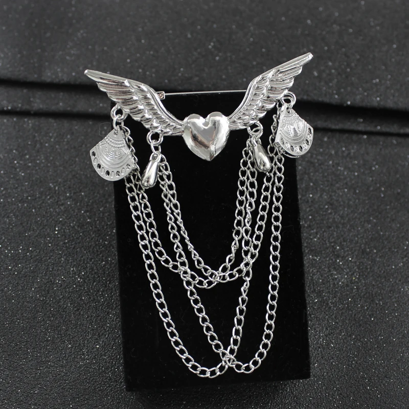 Retro fashion Angel wings Connecting metal long chain Love shape Pendant brooch Men's and women's clothing accessories | Украшения