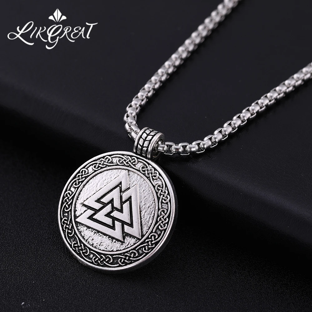

LIKGREAT Vintage Men's Necklace Scandinavian Valknut Round Pendant Necklace Stainless Steel Chain Punk Viking Amulet Jewelry