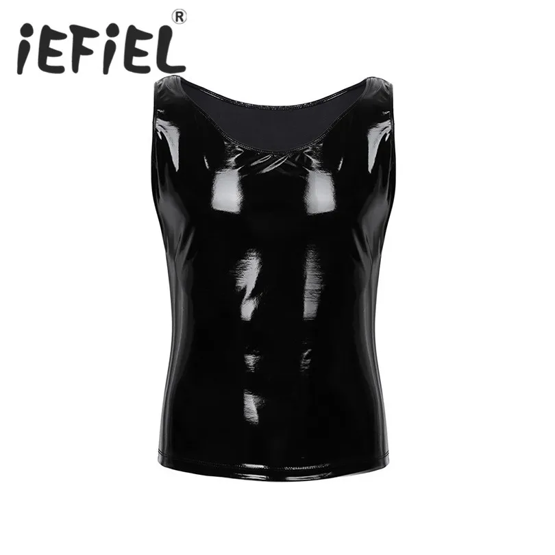 IEFiEL/мужская футболка из искусственной кожи с коротким рукавом и круглой шеей