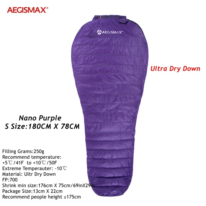 Nano Purple S Aegismax ультра сухой белый гусиный пух спальные мешки сплайсинга Мумия Сверхлегкий походный кемпинг 700 FP мини 2 водоотталкивающий пух - Цвет: Nano Purple S