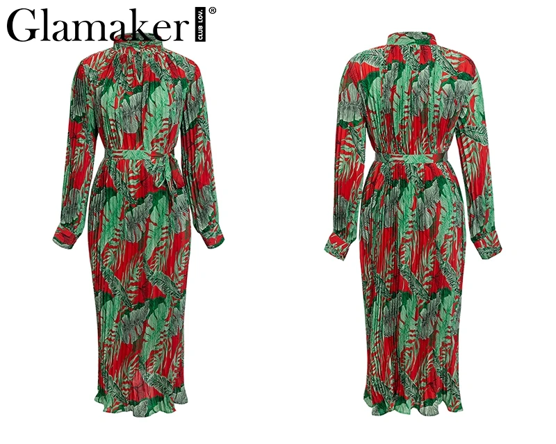 Glamaker Плиссированное Макси-платье с цветочным принтом, женское свободное Элегантное летнее платье с длинным рукавом, женское пляжное сексуальное платье в стиле бохо