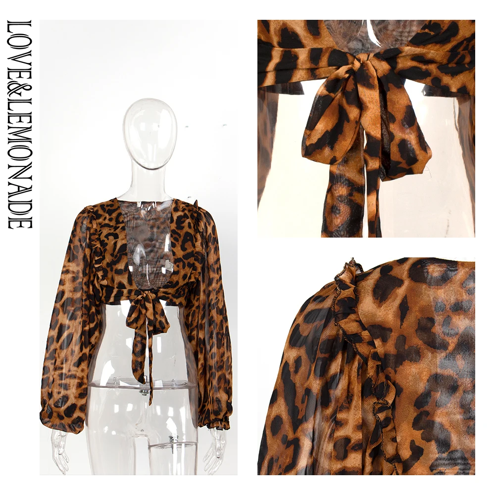LOVE & LEMONADE Сексуальная леопардовая шифоновая блуза с v образным вырезом и длинным