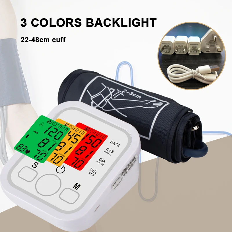 3 colors backlight voice Automatic Digital Arm Blood Pressure Monitor Sphygmomanometer Pressure Tonometer for Measuring Arterial