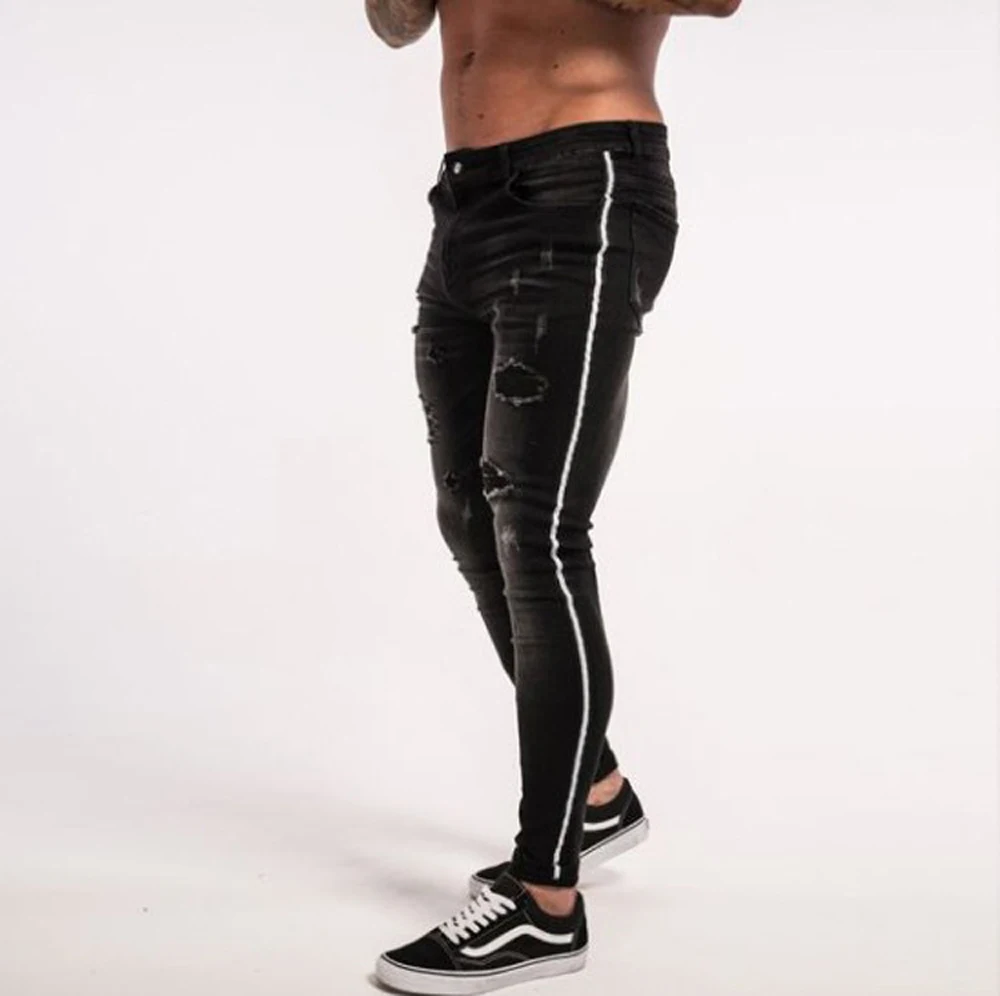 Skinny Jeans Men Ripped Black Side Stripe Stretch Slim Fit Elastic Biker Male Big Size Ankle Tight Guys | Мужская одежда