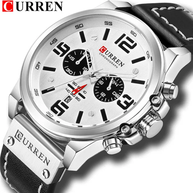 black white CURREN Мужские часы Топ люксовый бренд водонепроницаемые спортивные наручные часы хронограф кварцевые Военные натуральная кожа Relogio Masculino - Цвет: black white