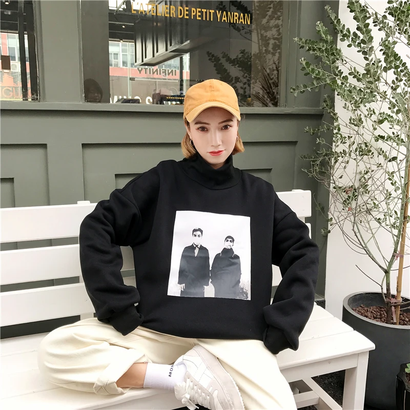 YouGeMan зимние теплые толстовки для женщин Одежда корейский Ulzzang Harajuku Бархат Водолазка пуловер кофты женские свободные топы