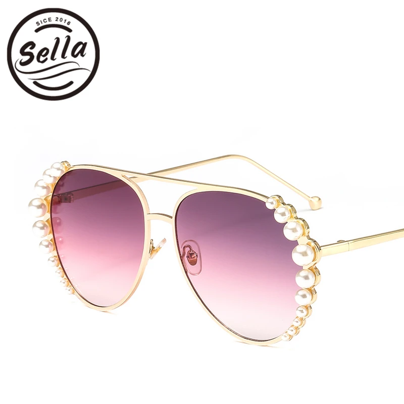 Sella Fashion Sun Glasses For Women Luxury Pearl Decoration Oversized Pilot Mirror/Gradient Lens 2018 Trending Shade | Аксессуары для