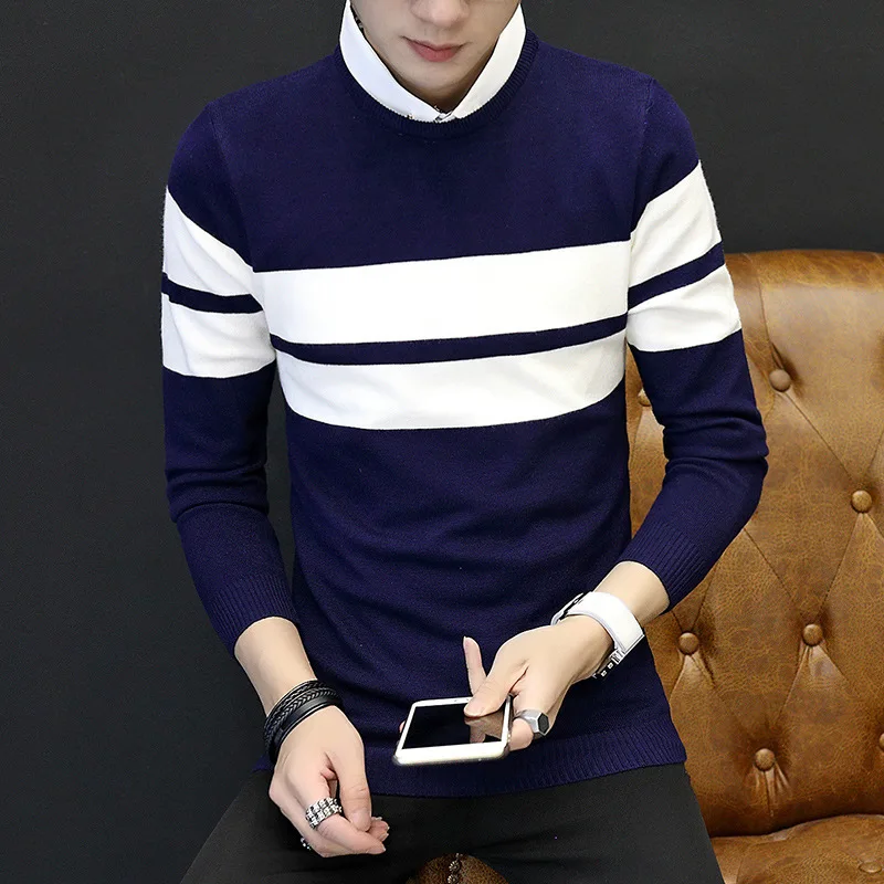 Men Winter Knitted Wear Fashion Patchwork Mens Warm Sweaters Striped Pullover Male Slim Fit O-Neck Outwear HAOYU | Мужская одежда