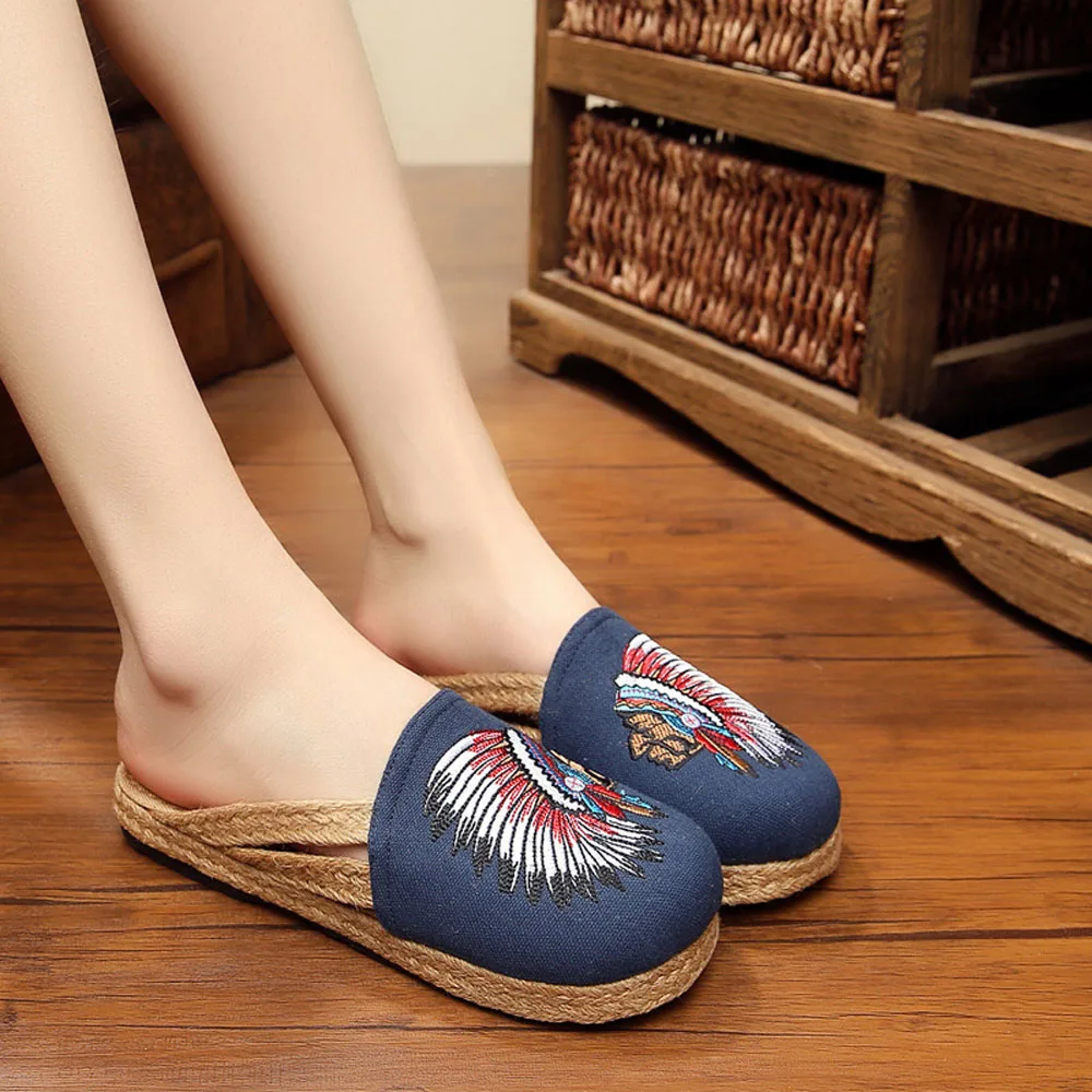 Vintage Embroidery Slippers Women Indian Style Embroidered Women's Shoes Spring Autumn Ethnic Flats Woman Linen Home Slipper | Обувь