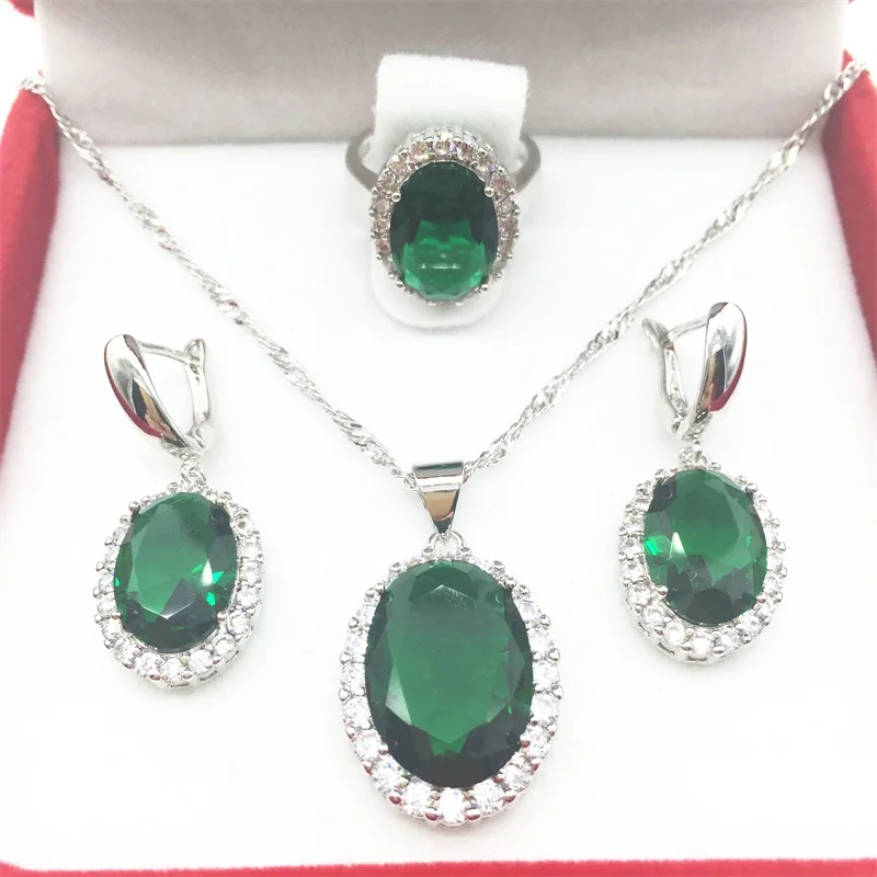 

Green Green White Zircon 925 Silver Jewelry Sets Earrings/Pendant/Necklace/Rings Size 6/7/8/9 For Women Free shipping
