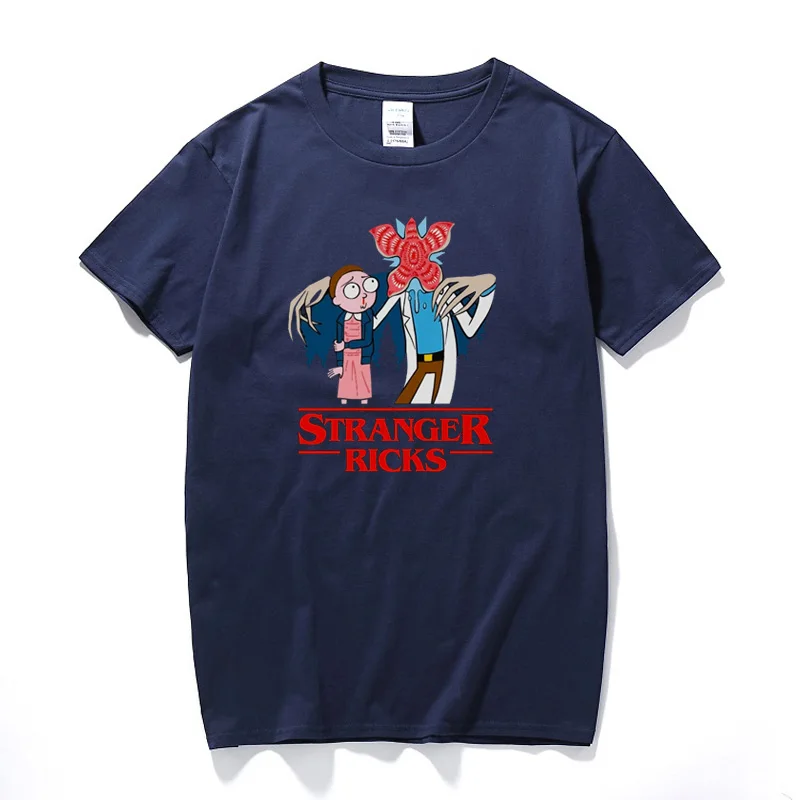 Мужская забавная футболка, Рик и Морти, Mash Up Stranger Things, футболка, Stranger Ricks, хлопковая футболка с коротким рукавом, топы, Camisetas Hombre - Цвет: Тёмно-синий
