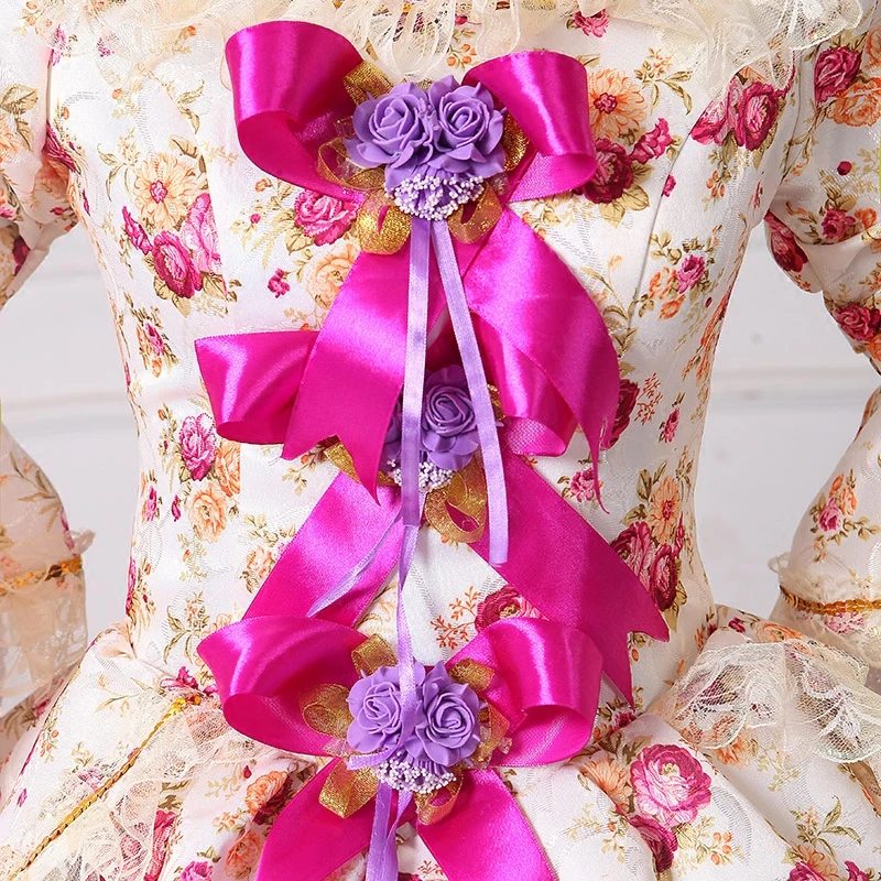 Платье маскарадное с круглым вырезом длинным рукавом фонариком и цветочным