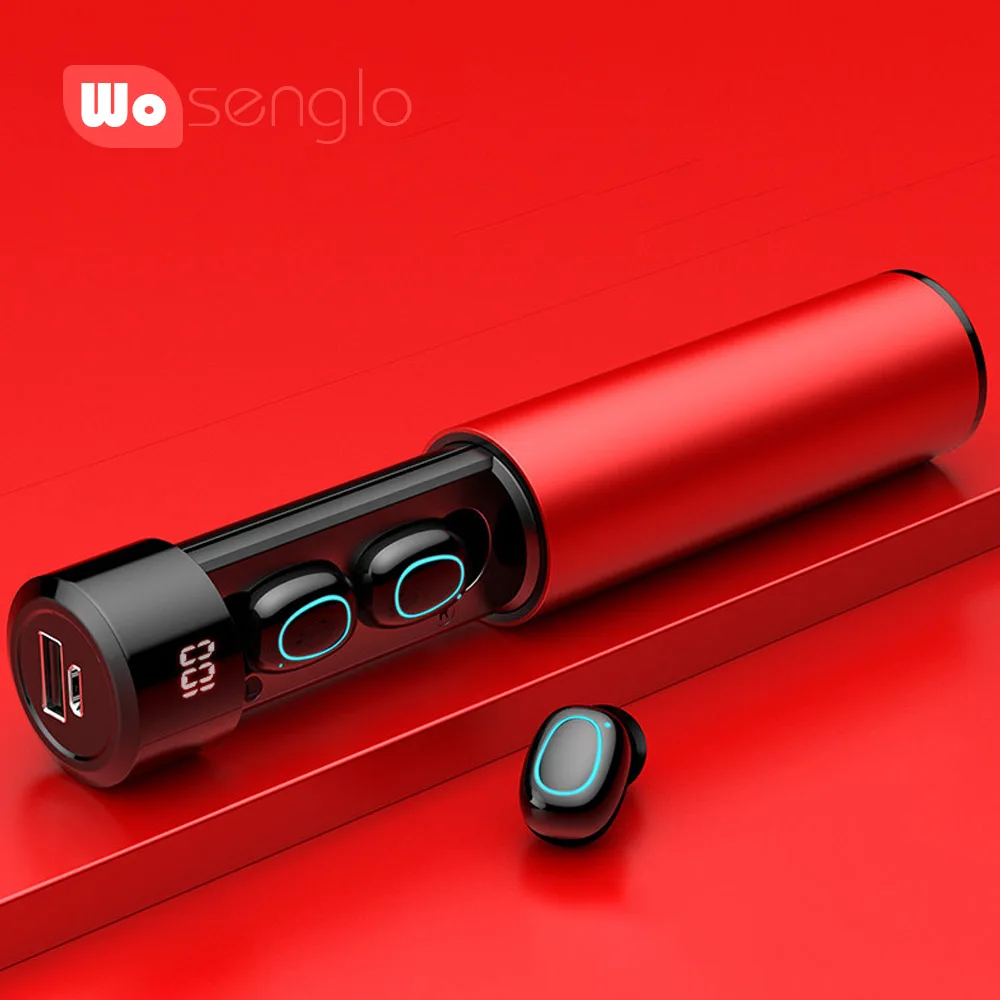 Wosenglo Bluetooth 5,0 наушники HIFI Звук Беспроводные наушники с цифровым дисплеем 1000 мАч зарядная коробка Powerbank для iPhone 7 8 - Цвет: Red