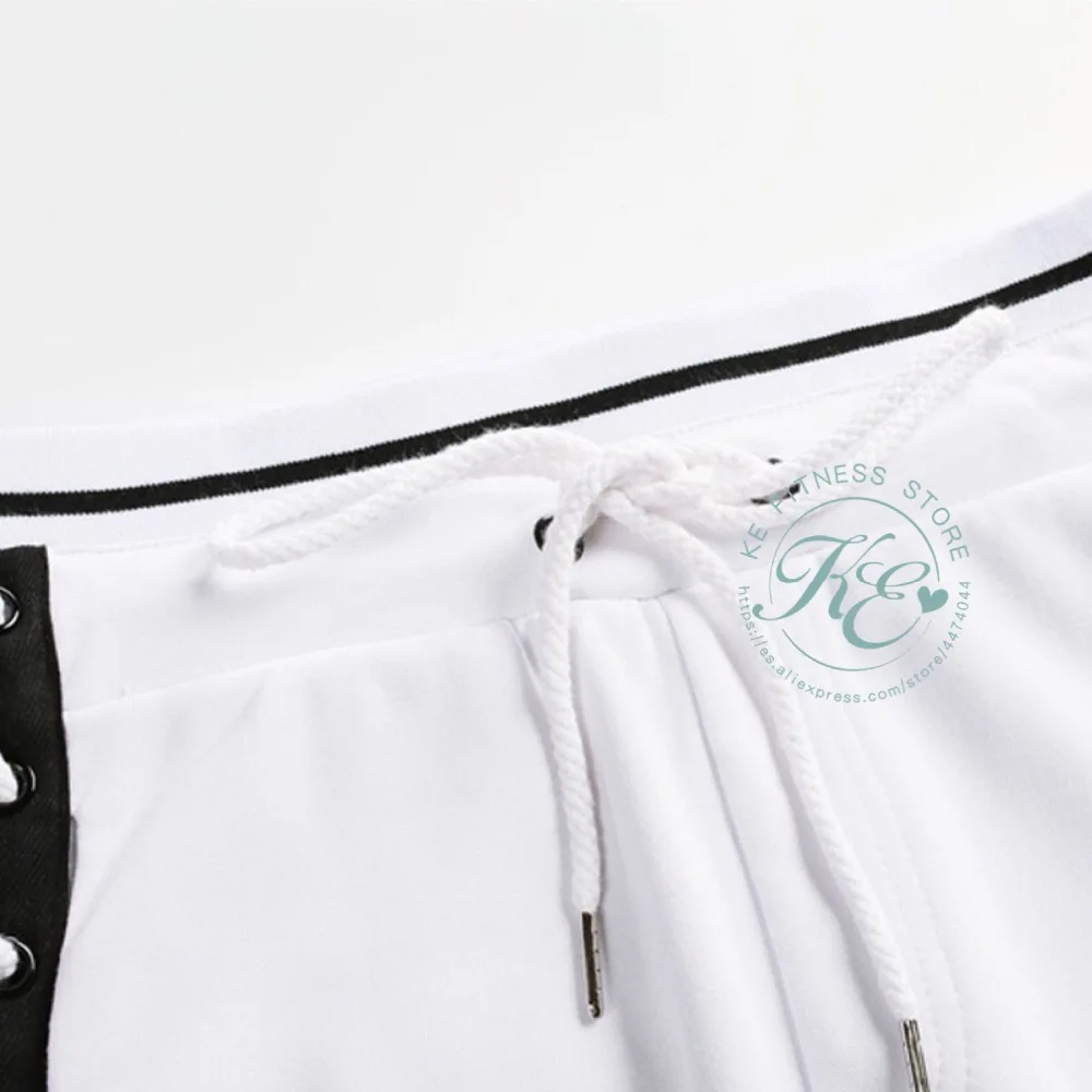 KE Pantalon blanco abierto con cordones ancho a rallas suelto, хипстерские штаны для фитнеса, тренажерного зала, штаны для фитнеса, штаны с высокой талией