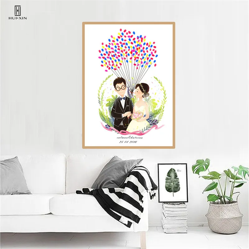 Sweet Love Theme Pink Bride And Bridegroom Figure Fingerprint Signature Canvas Painting DIY Wedding Gift Guest Book Home Decor | Дом и сад