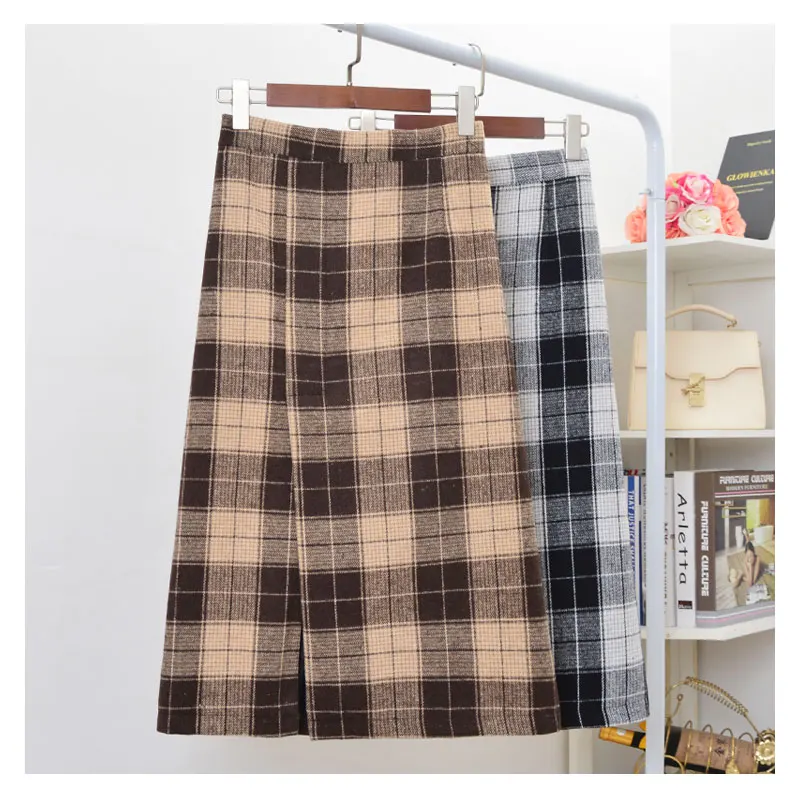 Зимние шерстяные клетчатые длинные юбки с разрезом по бокам эластичной резинкой