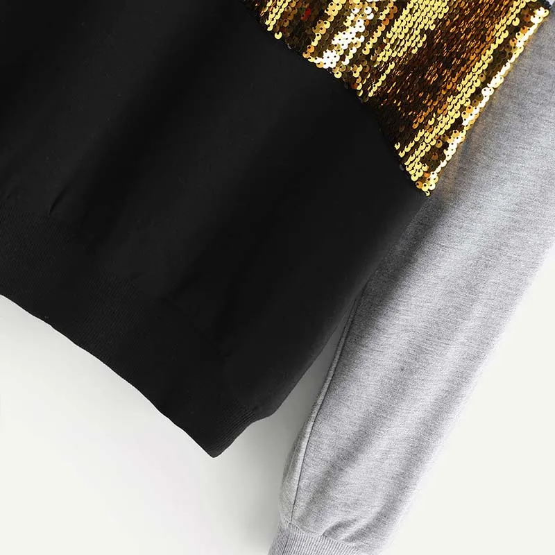 SHEIN Контрастный Свитшот С Блестками Женский Многоцветный Повседневный Топ С Длинными Рукавами Стильные Осенние Толстовки