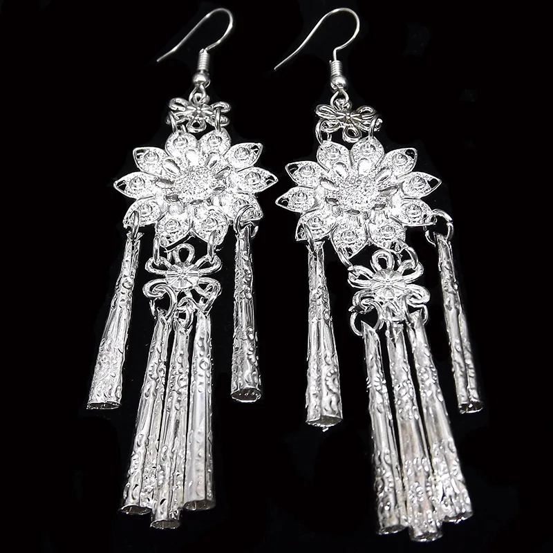 Этнические серьги jhumka с серебряными цветами и кисточками, модные массивные серьги для женщин, ювелирные изделия в национальном стиле, женские серьги
