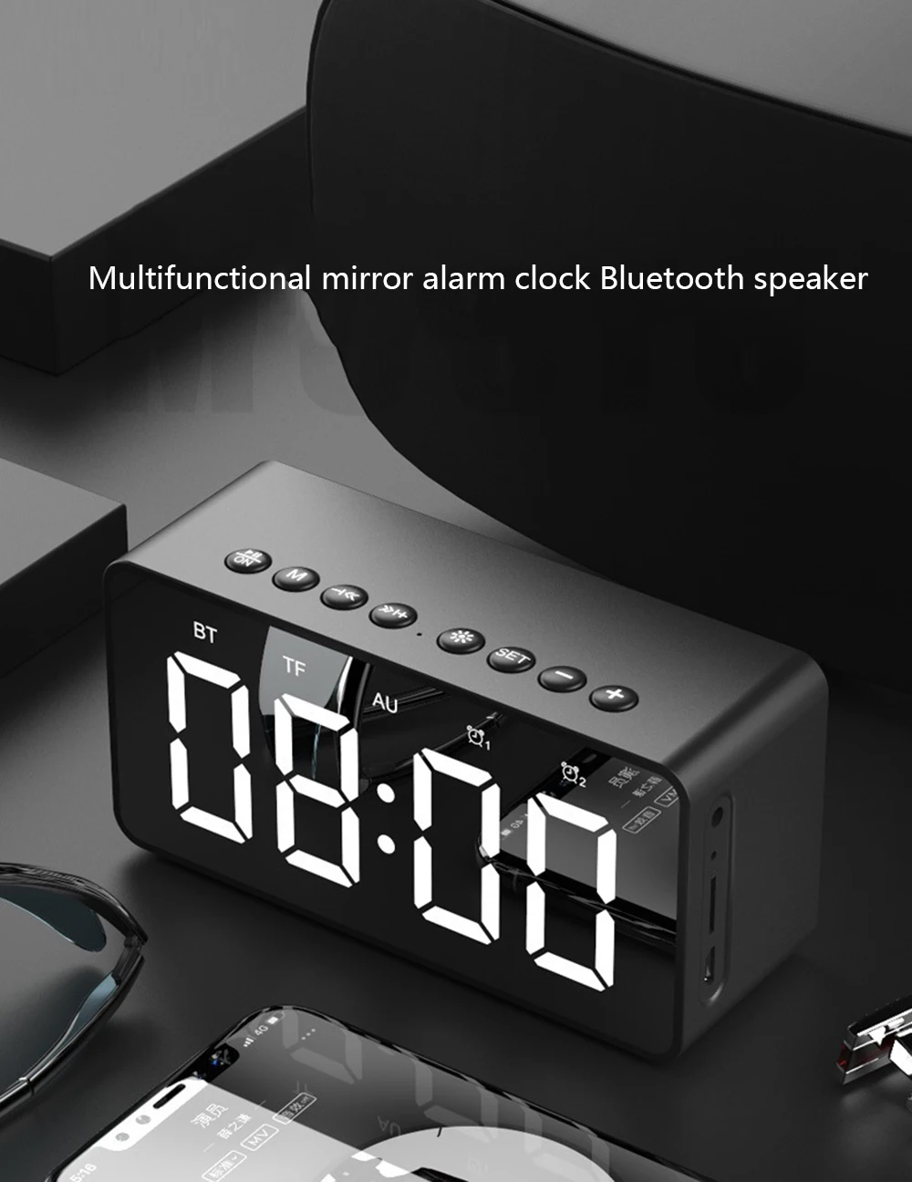 BT506 светодиодный зеркальный будильник часы с беспроводной Bluetooth динамик поддержка Aux TF USB музыкальный плеер беспроводной для офиса спальни