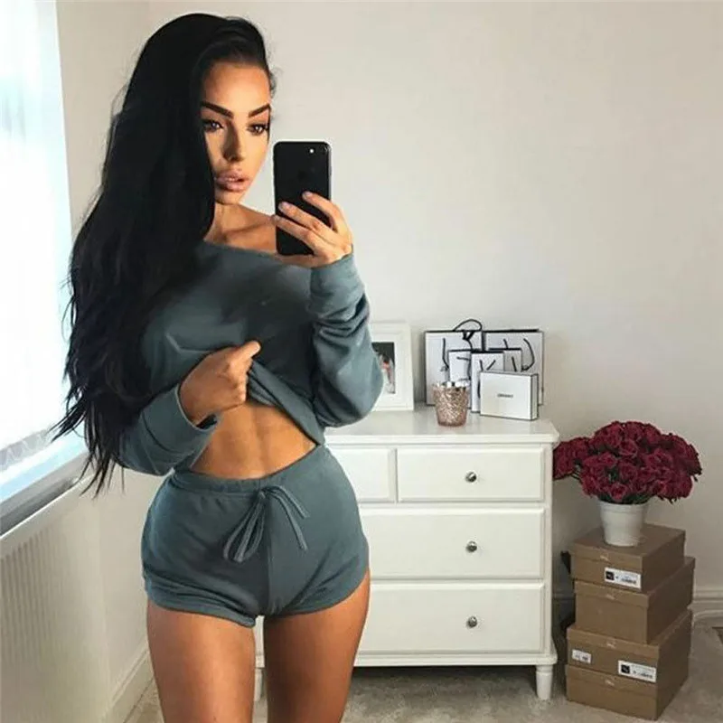 New Fashion Women's Ladies Two-Piece Top Shorts Summer Set Outfits Solid Casual Off Shoulder Strapless Full Sleeve Pullovers |