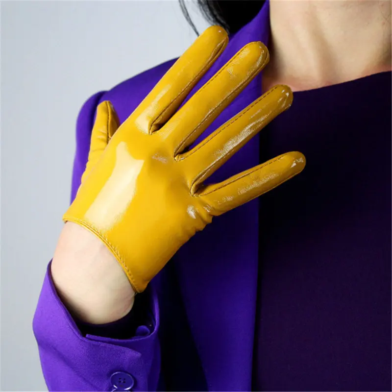 patent leatheryellow Новинка, женские перчатки из лакированной кожи пу, короткие, 16 см, Яркие Кожаные, для танцевальной вечеринки, имитация кожи, женские перчатки для косплея, PU16 - Цвет: patent leatheryellow