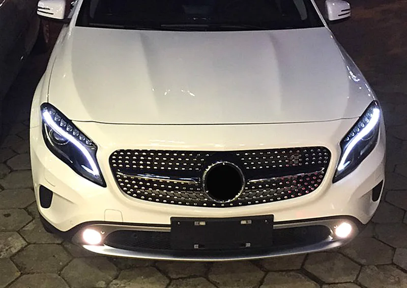 Для Mercedes X156 GLA Спортивная решетка гриль ABS черный глянец+ два плавника хром без знака GLA180 GLA200 250 GLA45 вид решетки 14-16