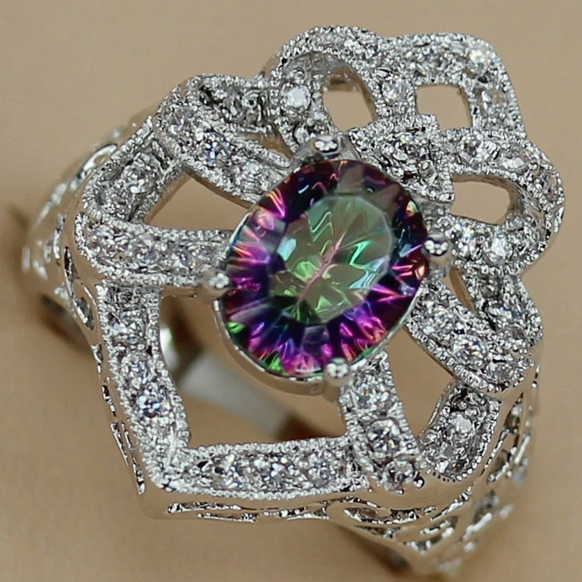 Fleure Esme Lovely Engagement wedding rings for men and women my orders Rainbow Cubic Zirconia Rhodium Plated R3339 size 6 7 8 9 | Украшения