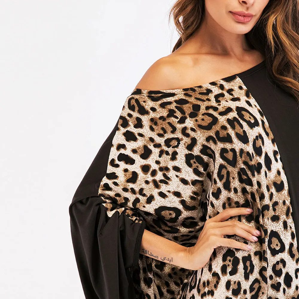 Casual Print Leopard Maxi Dress Bat Sleeve Patchwork Abaya Muslim Loose Kimono Long Arab Robe Gown Middle East Islamic Clothing |