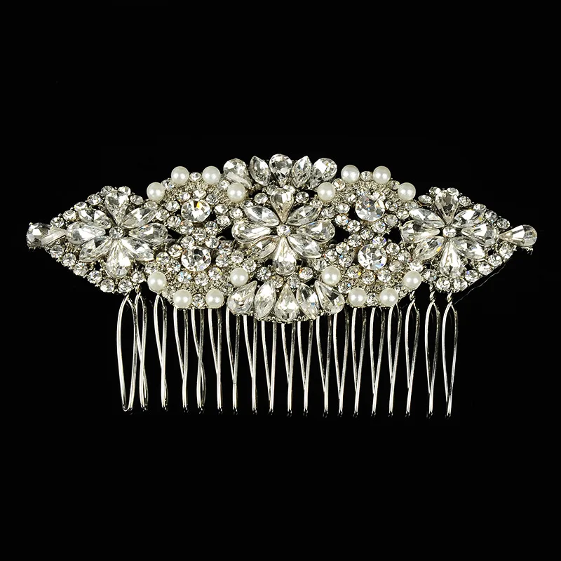 

Floralbride Art Deco Silver Color Rhinestones Crystals Pearls Flower Wedding Hair Comb Bridal Hair Accessories Bridesmaids Women