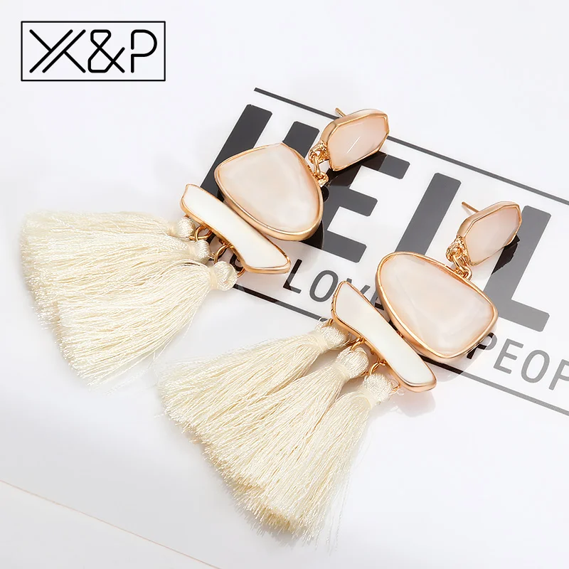 Женские богемные серьги подвески X & P Длинные винтажные хлопковые с кисточками в