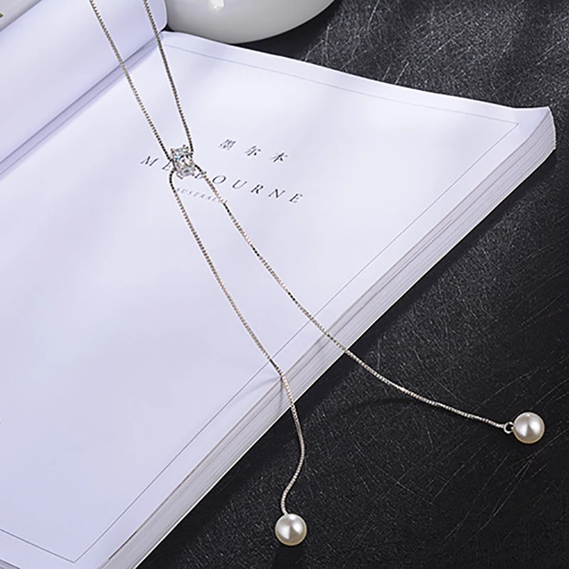 2019 Newest Minimalist Pearl Pendant Tassel Necklaces Pure 925 Silver Long Box Chain Adjustable Choker For Women Gifts | Украшения и