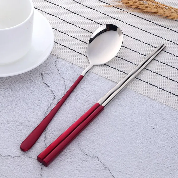 Red Set Черный 18/8 нержавеющая сталь еда палочки для еды ложка набор с длинной ручкой плоские Нескользящие палочки для еды набор столовых приборов путешествия с портативной коробкой - Цвет: Red Set