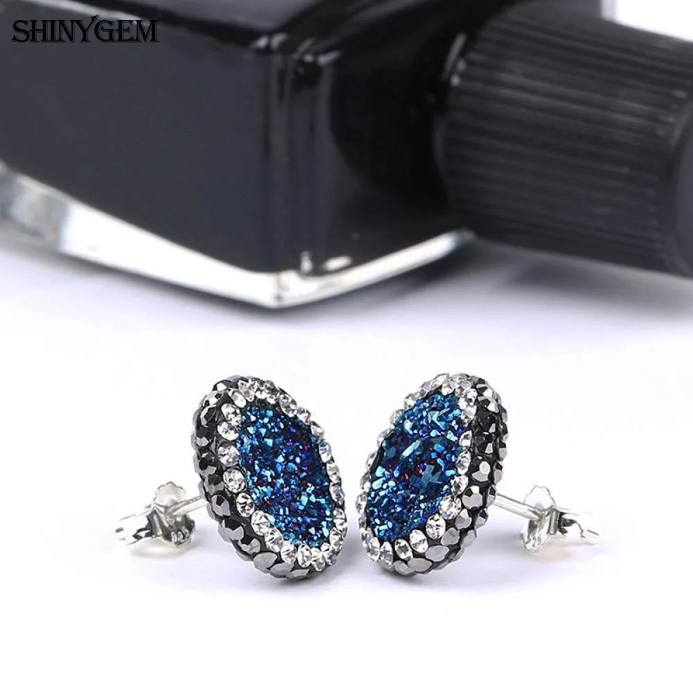 Серьги ShinyGem с кубическим цирконием друзы, большие круглые серьги с натуральным кристаллом и опалом, модные 925 пробы серебряные серьги-гвоздики для женщин