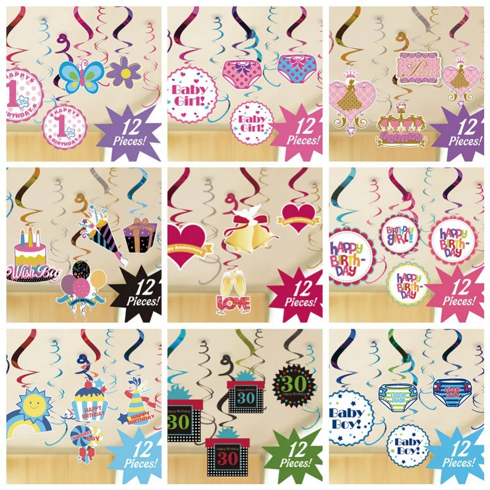 Hanging Dangling Swirl Decorations for (Boys Girls Adults) Birthday Shower Anniversary 1st/16th/30th/40th/50th Party | Дом и сад