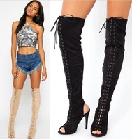 hot selling cheap black beige suede leather over the tight high sandal boots peep toe back heel lace up gladiator sandal boot