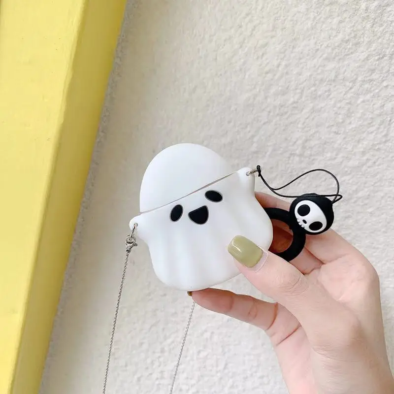 3D милый мультфильм Призрак Череп силиконовый наушник чехол для Airpods 1 2 беспроводной чехол для наушников шнур веревка Наушники Аксессуары - Color: B- with Lanyard Rope