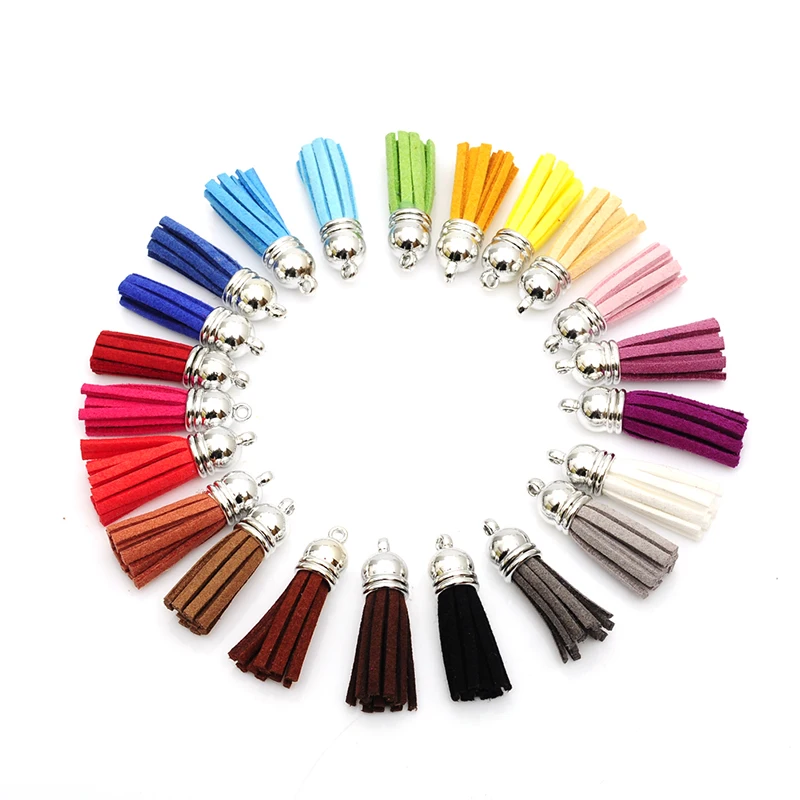 

10pcs/lot multicolor mixed Suede Tassel For Keychain Cellphone Straps Charms 38mm Leather Tassels silver color Caps randomly