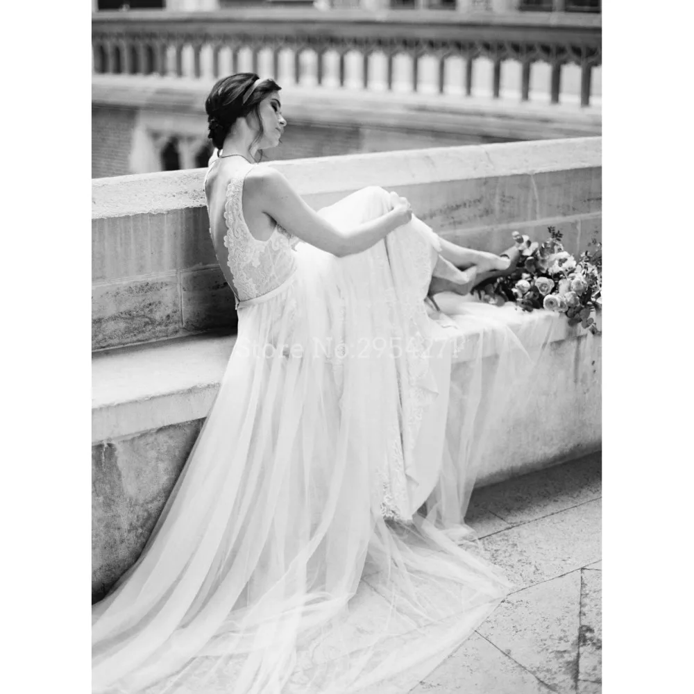 Vestido De Noiva A Line Свадебные платья Тюль Кружева Глубокий v образный вырез открытая