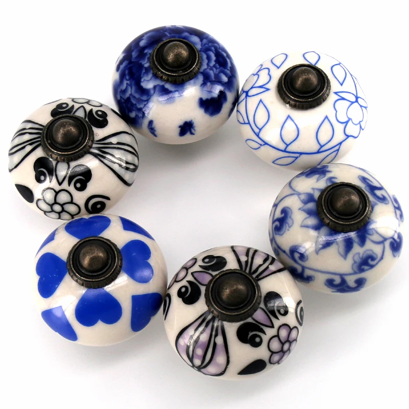 6PCS Blue Black Ceramic Cabinet Knobs Furniture Door Various Designs Porcelain Drawer Pulls Kitchen Cupboard Handles | Обустройство