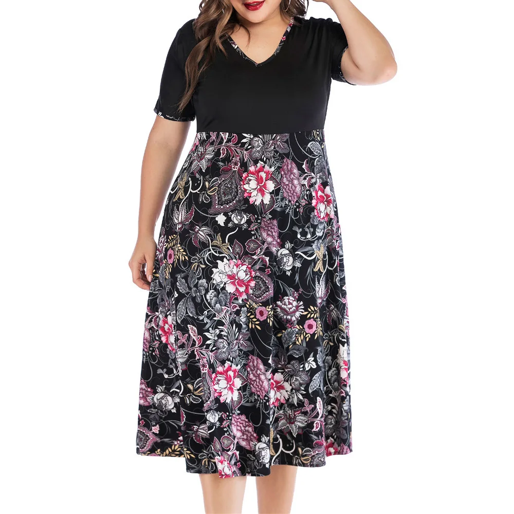 

2019 New Hot High Waist V Neck Short Sleeve Print Stitching Wild Dress Large Size Casual Women's Clothing 4xl 5XL