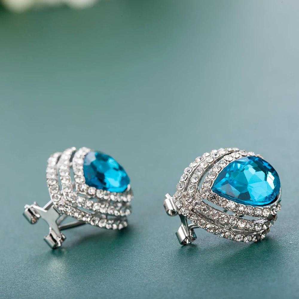 ALULU Fashion Blue Crystal Female Ear Clip Rhinestone Earrings Silver Plated Jewelry For Women Brincos | Украшения и аксессуары