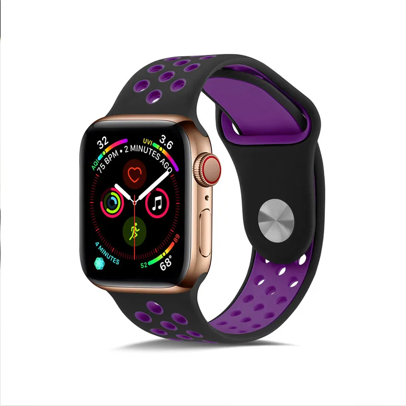 Силиконовый чехол для Apple, ремешки для часов для Apple Watch4/3/2/1 спортивные дышащие освежающий наручный ремешок для наручных часов Iwatch, ремешок серии 44/42/40/38 мм - Цвет ремешка: Black purple