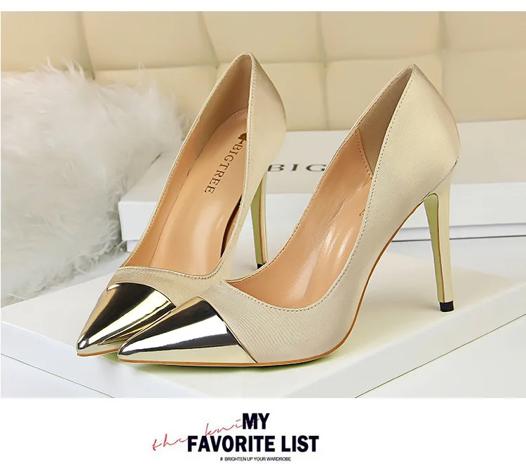 Women Shoes Pointed Toe Pumps Satin splice Pointed 10CM thin High Heels Boat Wedding Dress Office Shoes