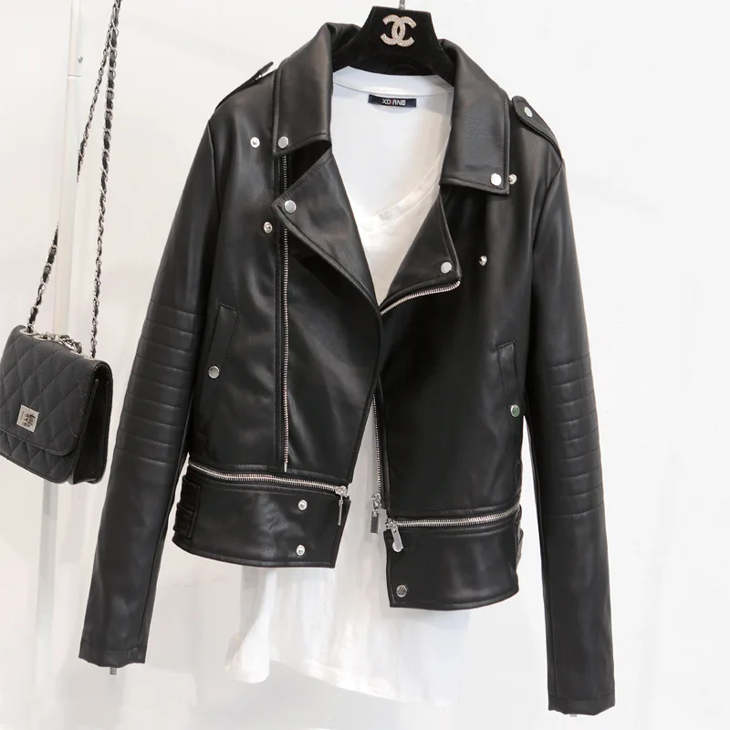 Модная тонкая женская куртка из искусственной кожи офисная Дамская однотонная с