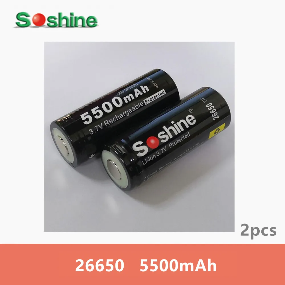 2 шт. оригинальный бренд soshine 26650 аккумулятор 5500 мАч с usb портом для зарядки