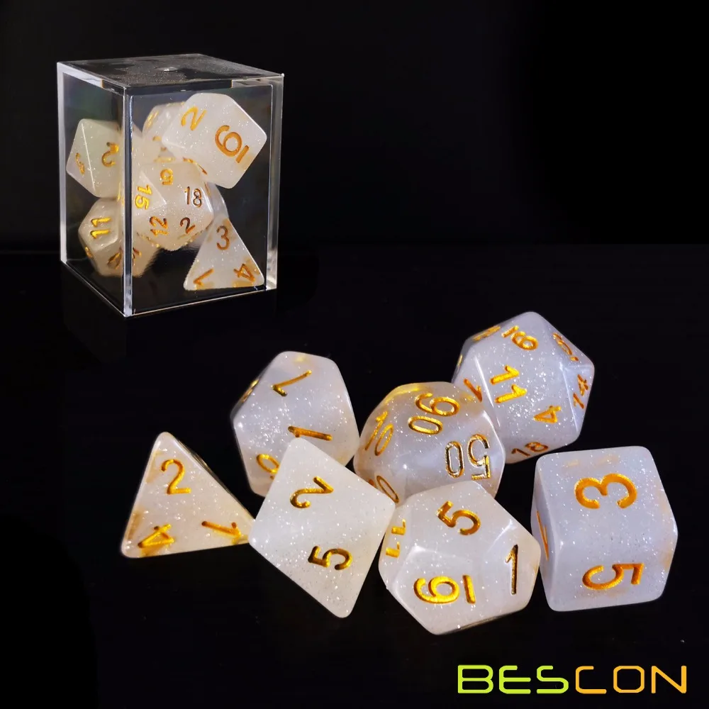 Bescon интенсивный блеск игральные кости DND, кисточки, набор из 7 шт вуаль водяного тумана Новые блестящие многогранные набора пресс-форм, d4 d6 d8 d10 d12 d20 d%, коробка в форме лего-блока посылка