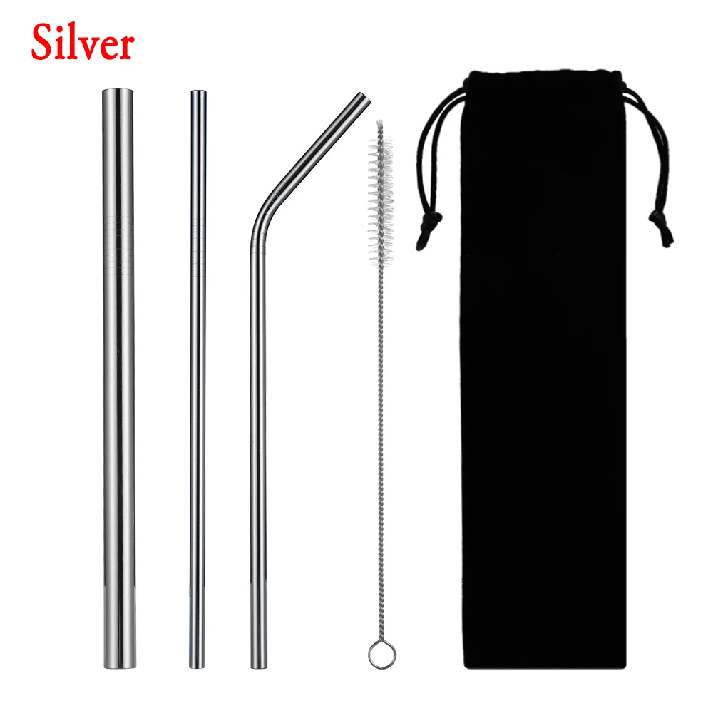 silver 5 шт./компл. Многоразовые соломинкой Нержавеющая сталь eco-friendly прямой/изогнутая металлическая соломинка с чистящая щетка Барные аксессуары - Цвет: silver