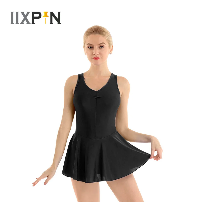 Женское балетное платье женское без рукавов с V-образным вырезом и рюшами спереди