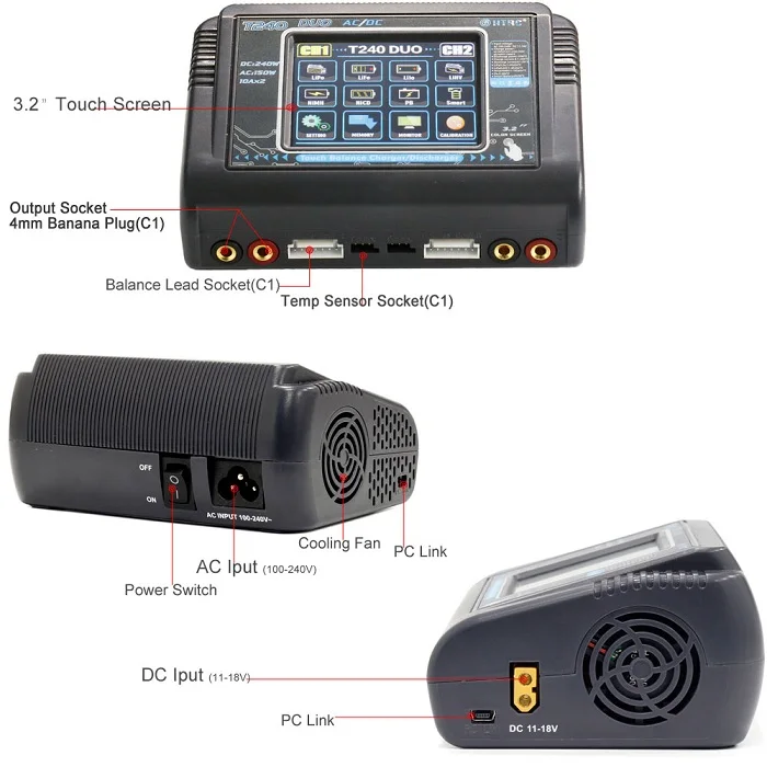 HTRC T240/C240 DUO AC 150 Вт DC 240 Вт 10A сенсорный экран двухканальный аккумулятор баланс зарядное устройство Dis зарядное устройство для модели радиоуправляемого дрона игрушки