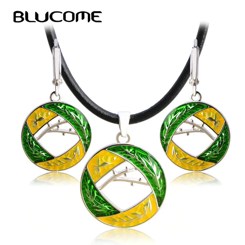 

Blucome New Style Yellow Green Enamel Round Jewelry Sets Women Girls Gifts Rope Chain Leaves Shape Long Earrings Necklace Set